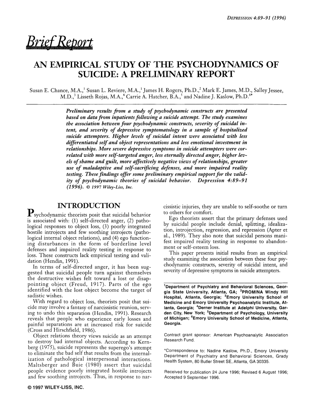 An Empirical Study of the Psychodynamics of Suicide: a Preliminary Report