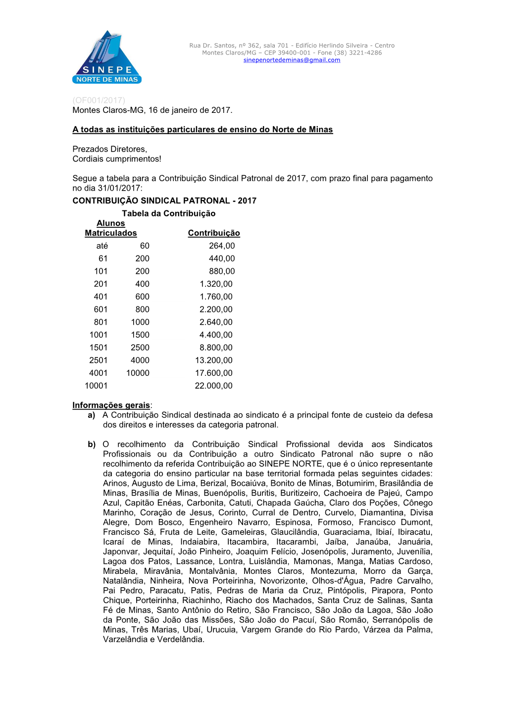 (OF001/2017) Montes Claros-MG, 16 De Janeiro De 2017. a Todas As Instituições Particulares De Ensino Do Norte De Minas Prezado