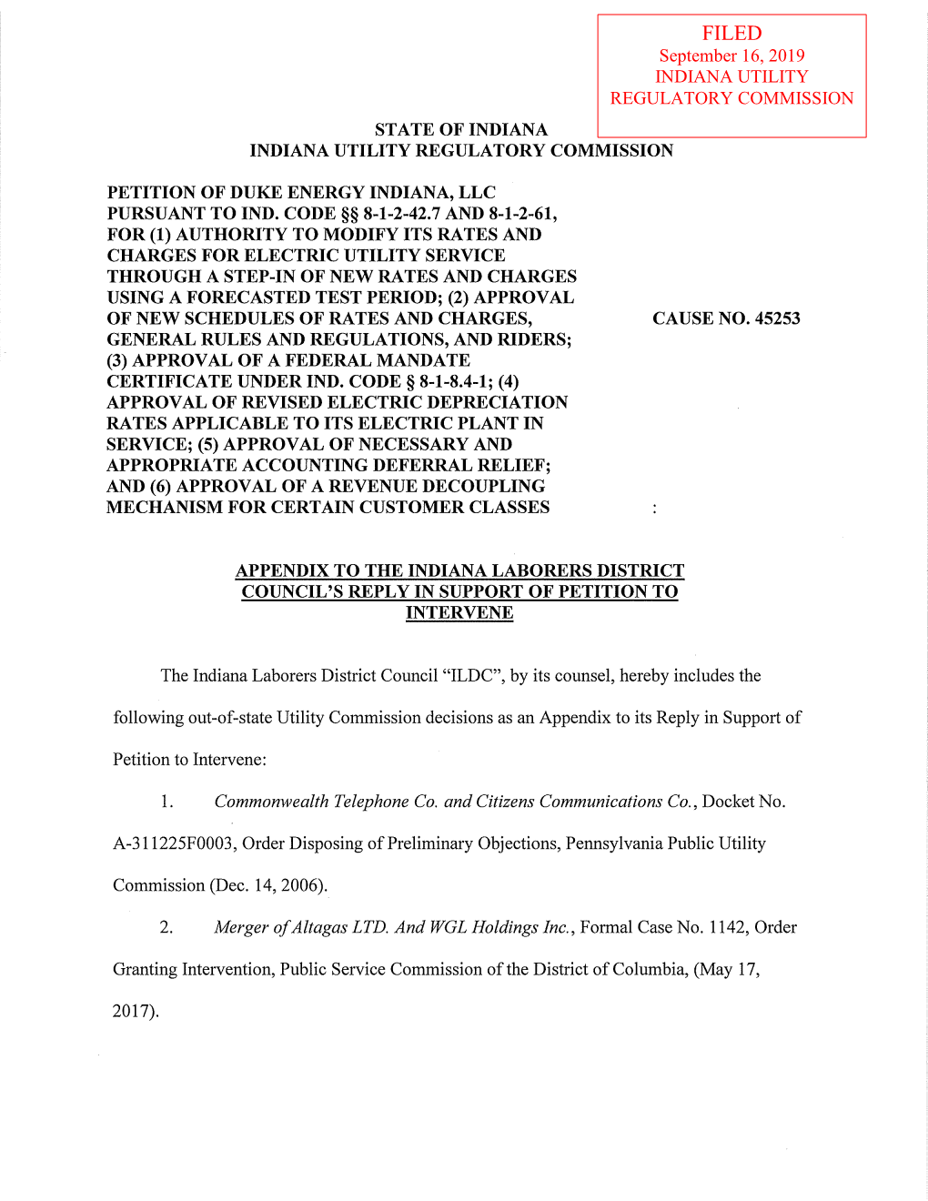 September 16, 2019 INDIANA UTILITY REGULATORY