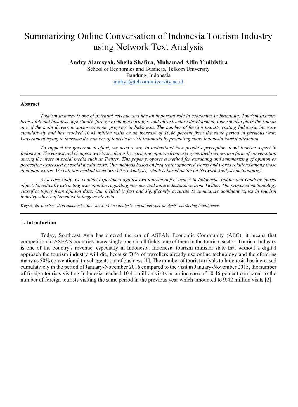 Summarizing Online Conversation of Indonesia Tourism Industry Using Network Text Analysis