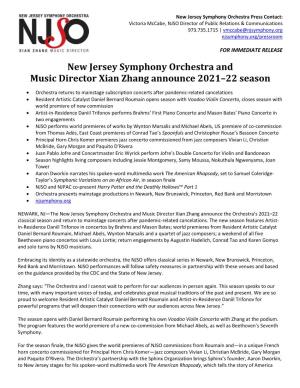 New Jersey Symphony Orchestra and Music Director Xian Zhang Announce 2021–22 Season