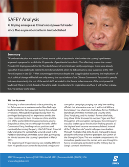 SAFEY Analysis Xi Jinping Emerges As China’S Most Powerful Leader Since Mao As Presidential Term Limit Abolished
