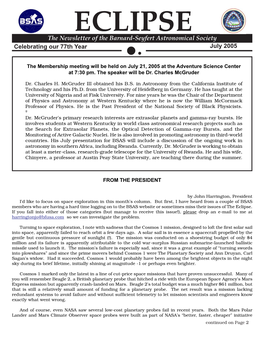 ECLIPSE the Newsletter of the Barnard-Seyfert Astronomical Society Celebrating Our 77Th Year July 2005