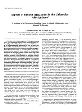 Aspects of Subunit Interactions in the Chloroplast ATP Synthase'