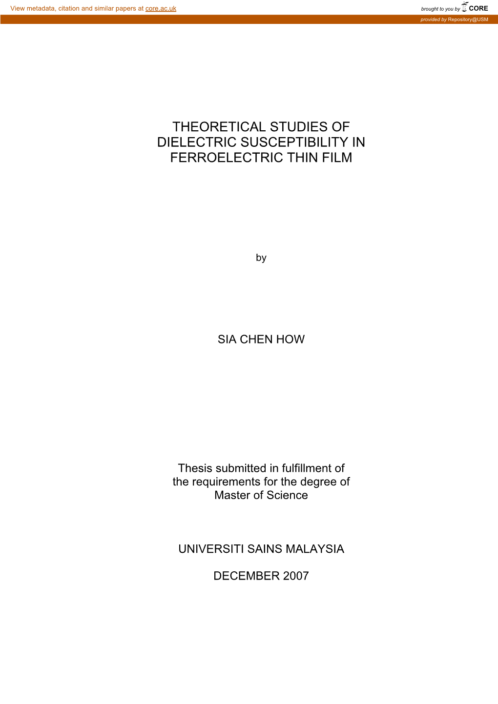 Theoretical Studies of Dielectric Susceptibility in Ferroelectric Thin Film