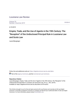 Empire, Trade, and the Use of Agents in the 19Th Century: the “Reception” of the Undisclosed Principal Rule in Louisiana Law and Scots Law