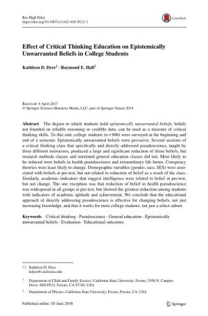 Effect of Critical Thinking Education on Epistemically Unwarranted Beliefs