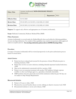 Actemra (Tocilizumab) NON-ONCOLOGY POLICY (Intravenous) Department: PHA