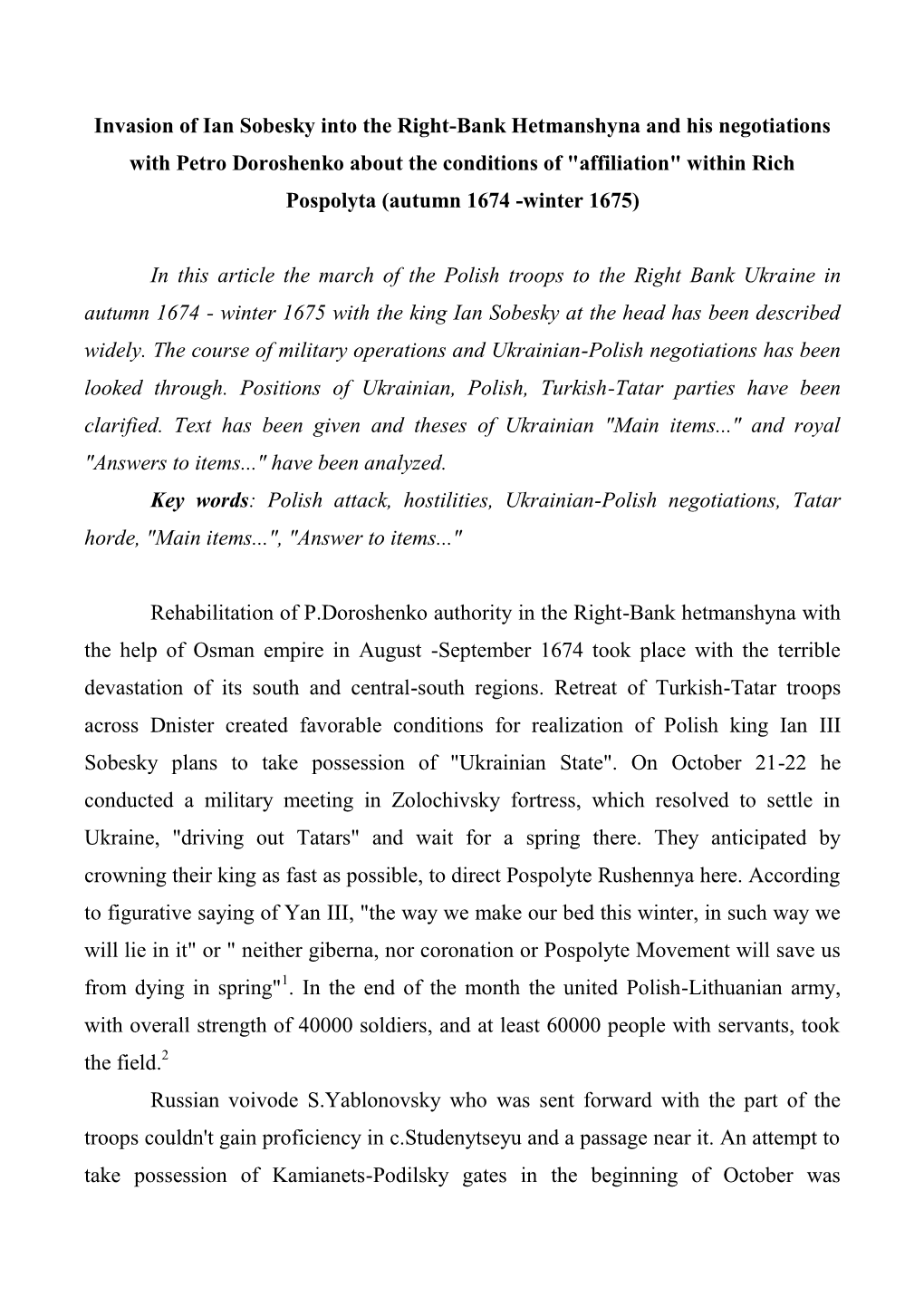 Invasion of Ian Sobesky Into the Right-Bank Hetmanshyna and His Negotiations with Petro Doroshenko About the Conditions of "