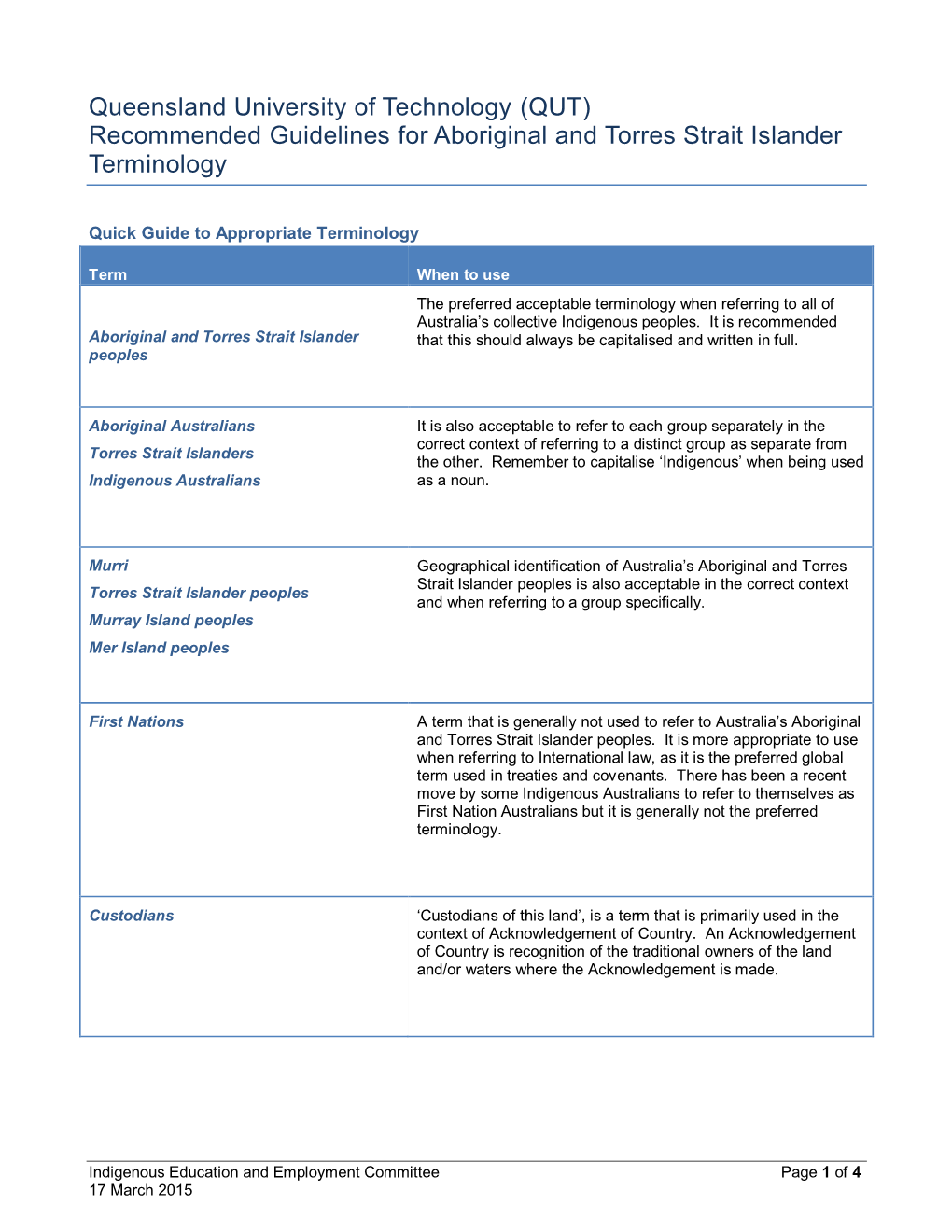 Recommended Guidelines for Aboriginal and Torres Strait Islander Terminology