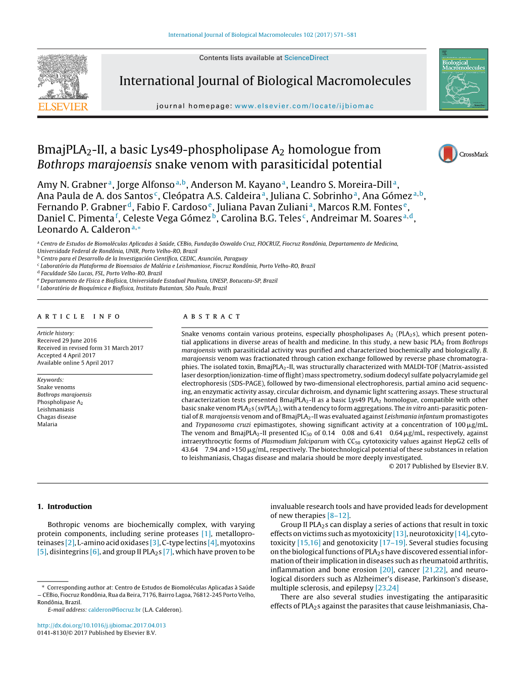 Bmajpla2-II, a Basic Lys49-Phospholipase A2 Homologue from Bothrops Marajoensis Snake Venom with Parasiticidal Potential