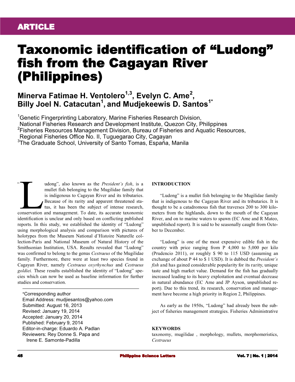 Taxonomic Identification of “Ludong” Fish from the Cagayan River (Philippines)