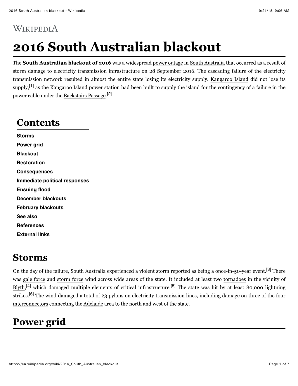 2016 South Australian Blackout - Wikipedia 9/21/18, 9:06 AM