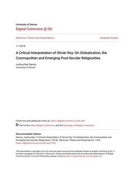A Critical Interpretation of Olivier Roy: on Globalization, the Cosmopolitan and Emerging Post-Secular Religiosities