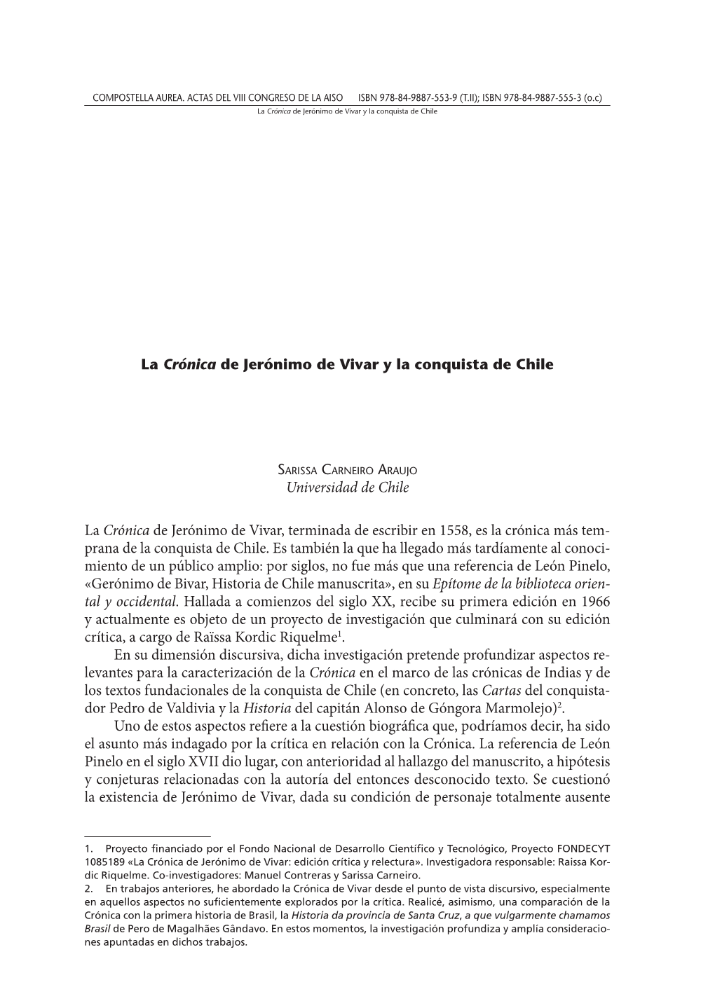 La Crónica De Jerónimo De Vivar Y La Conquista De Chile