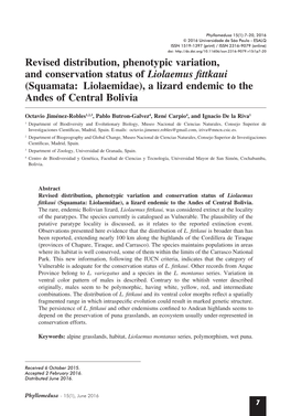 Revised Distribution, Phenotypic Variation, and Conservation Status of ������������������ (Squamata: Liolaemidae), a Lizard Endemic to the Andes of Central Bolivia