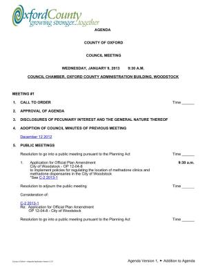 Agenda, County of Oxford, Council Meeting, 09/01/2013 9:30:00 AM, Council Chamber, Oxford County Administration Building, Woodst