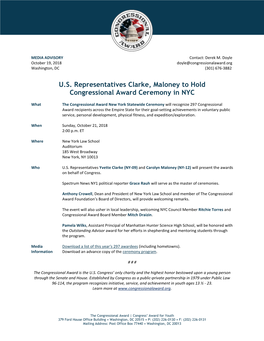 U.S. Representatives Clarke, Maloney to Hold Congressional Award Ceremony in NYC