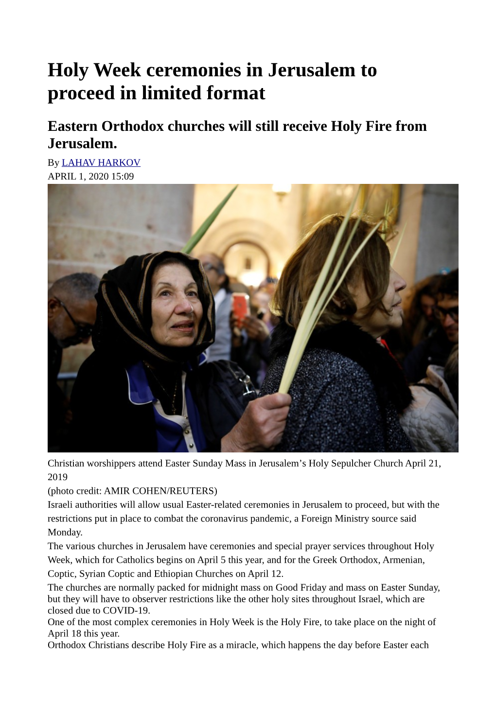 Holy Week Ceremonies in Jerusalem to Proceed in Limited Format