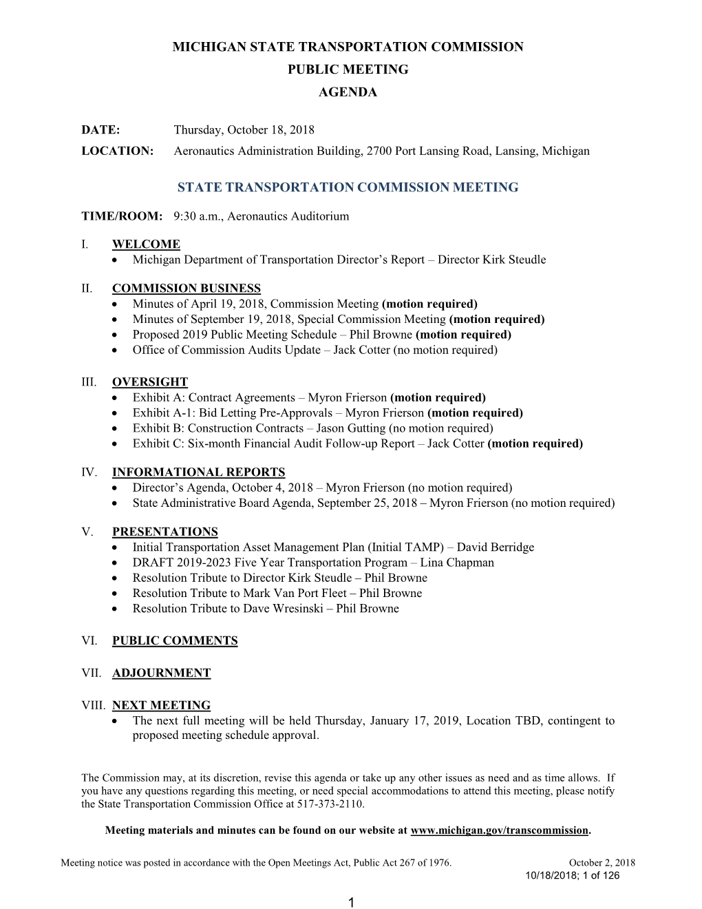 Michigan State Transportation Commission Public Meeting Agenda