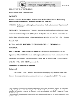 Certain Corrosion-Resistant Steel Products from the Republic of Korea: Preliminary Results of Antidumping Duty Administrative Review; 2019-2020