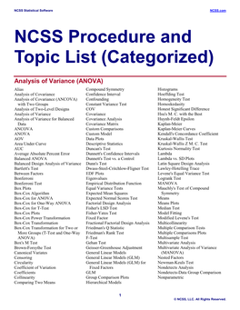 NCSS Procedure and Topic List (Categorized)