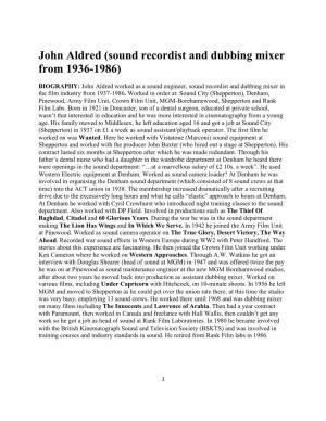 John Aldred (Sound Recordist and Dubbing Mixer from 1936-1986)