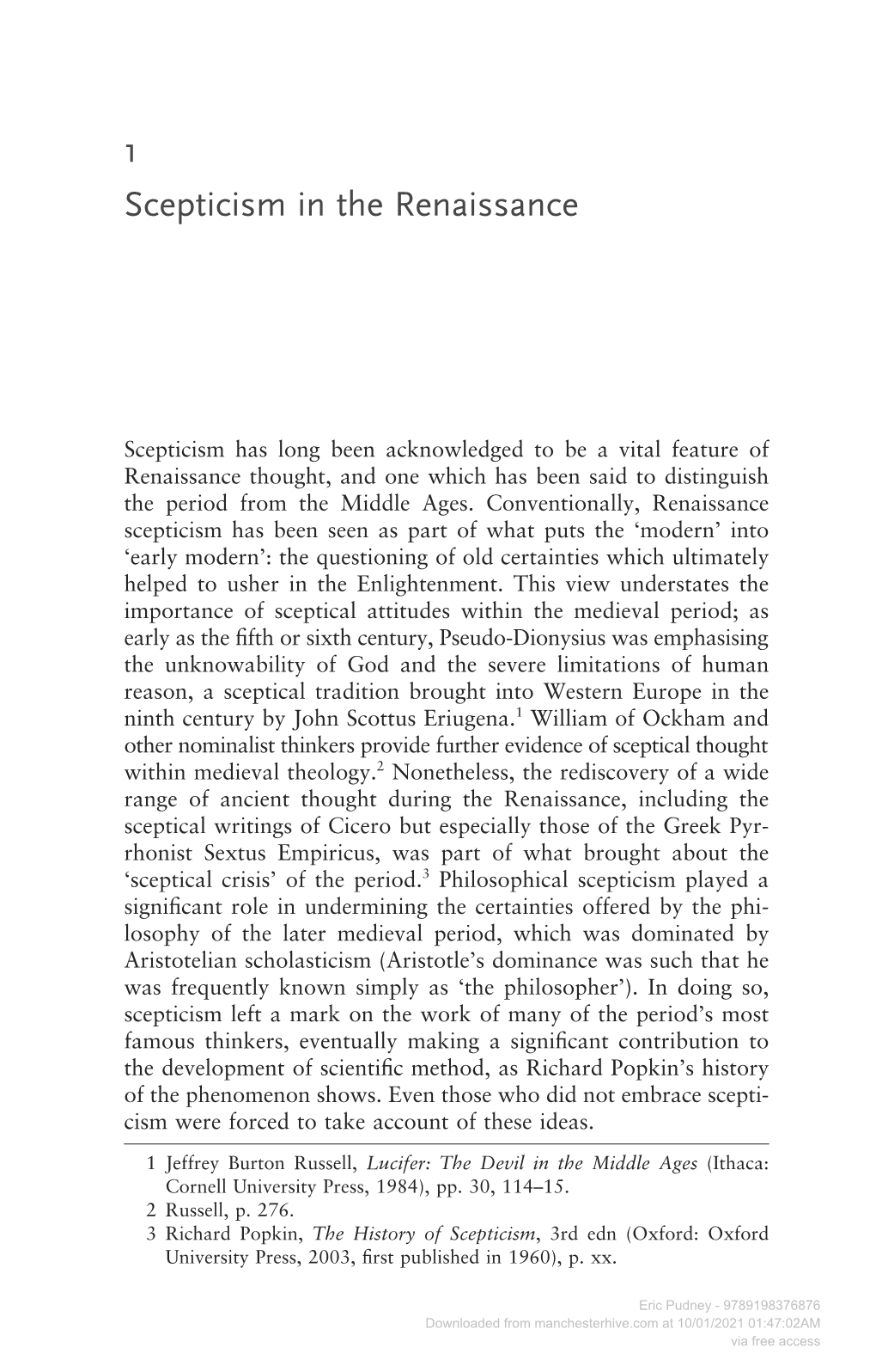 Downloaded from Manchesterhive.Com at 10/01/2021 01:47:02AM Via Free Access Scepticism in the Renaissance 11