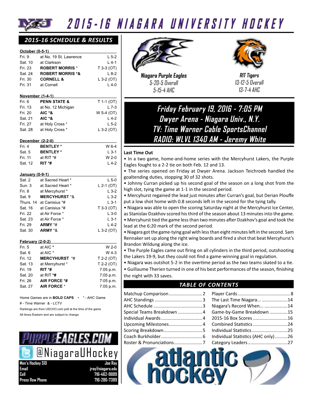 2015-16 Niagara University Hockey 2015-16 Schedule & Results