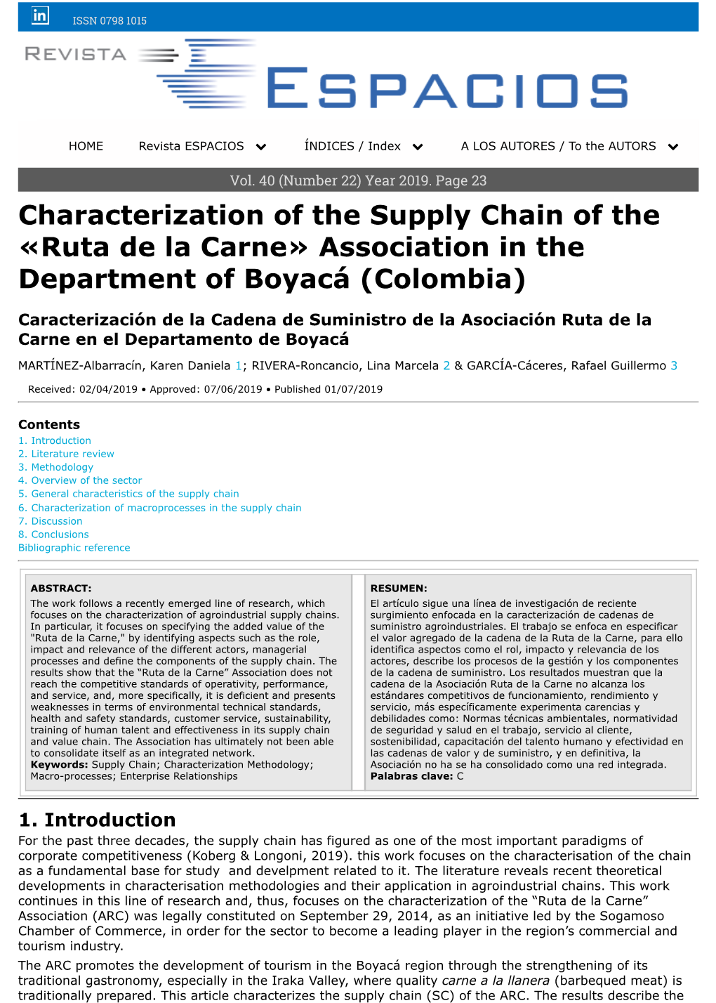 Characterization of the Supply Chain of the «Ruta De La Carne» Association in the Department of Boyacá (Colombia)