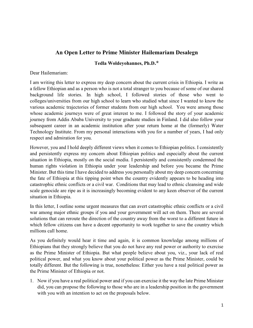 An Open Letter to Prime Minister Hailemariam Desalegn