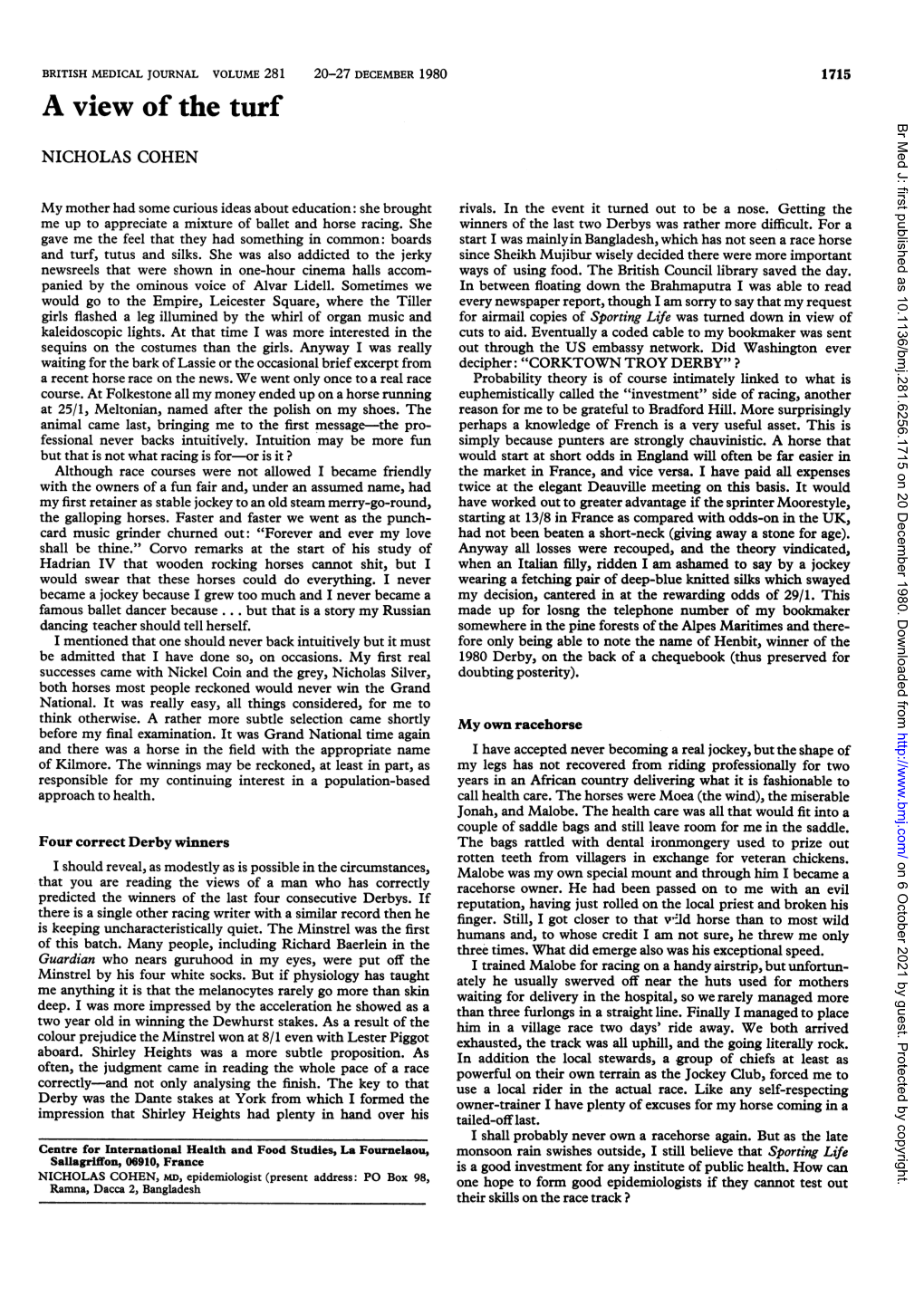 A View of the Turf Br Med J: First Published As 10.1136/Bmj.281.6256.1715 on 20 December 1980