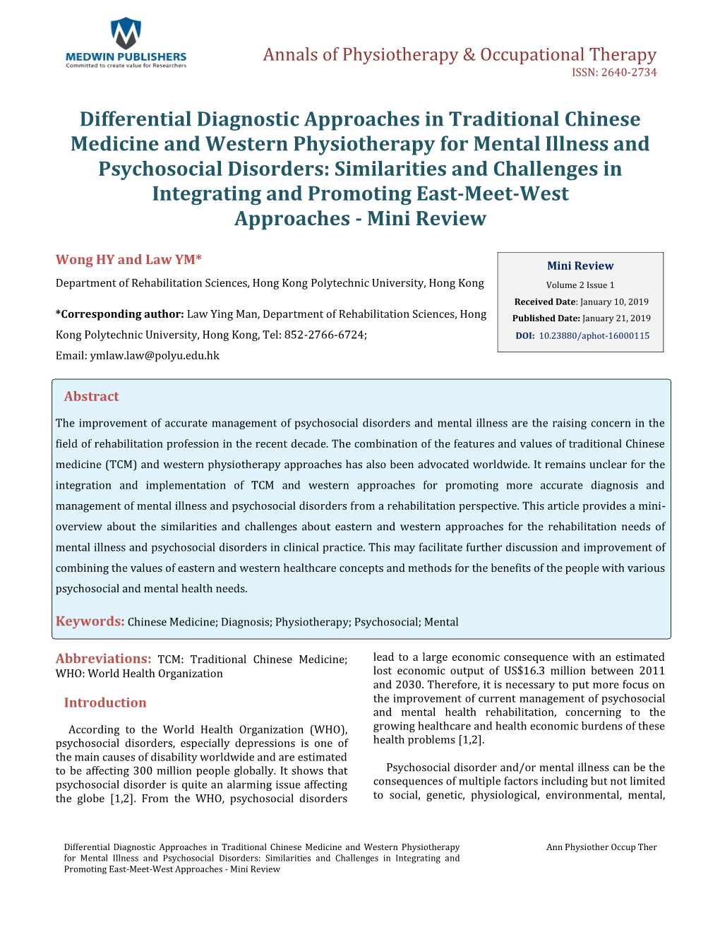 Differential Diagnostic Approaches in Traditional Chinese Medicine and Western Physiotherapy for Mental Illness and Psychosocial Disorders