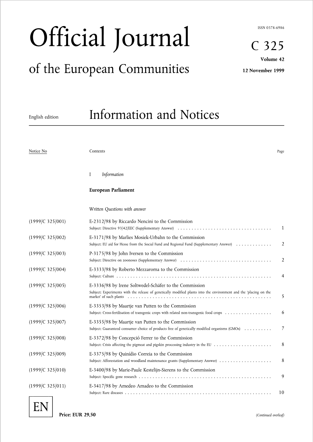 Official Journal C 325 Volume 42 of the European Communities 12 November 1999