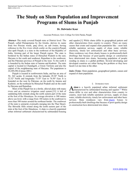 The Study on Slum Population and Improvement Programs of Slums in Punjab