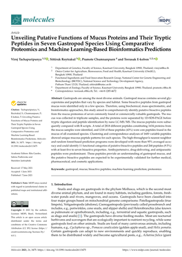 Unveiling Putative Functions of Mucus Proteins and Their Tryptic Peptides in Seven Gastropod Species Using Comparative Proteomic