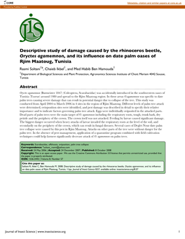 Descriptive Study of Damage Caused by the Rhinoceros Beetle, Oryctes Agamemnon, and Its Influence on Date Palm Oases of Rjim