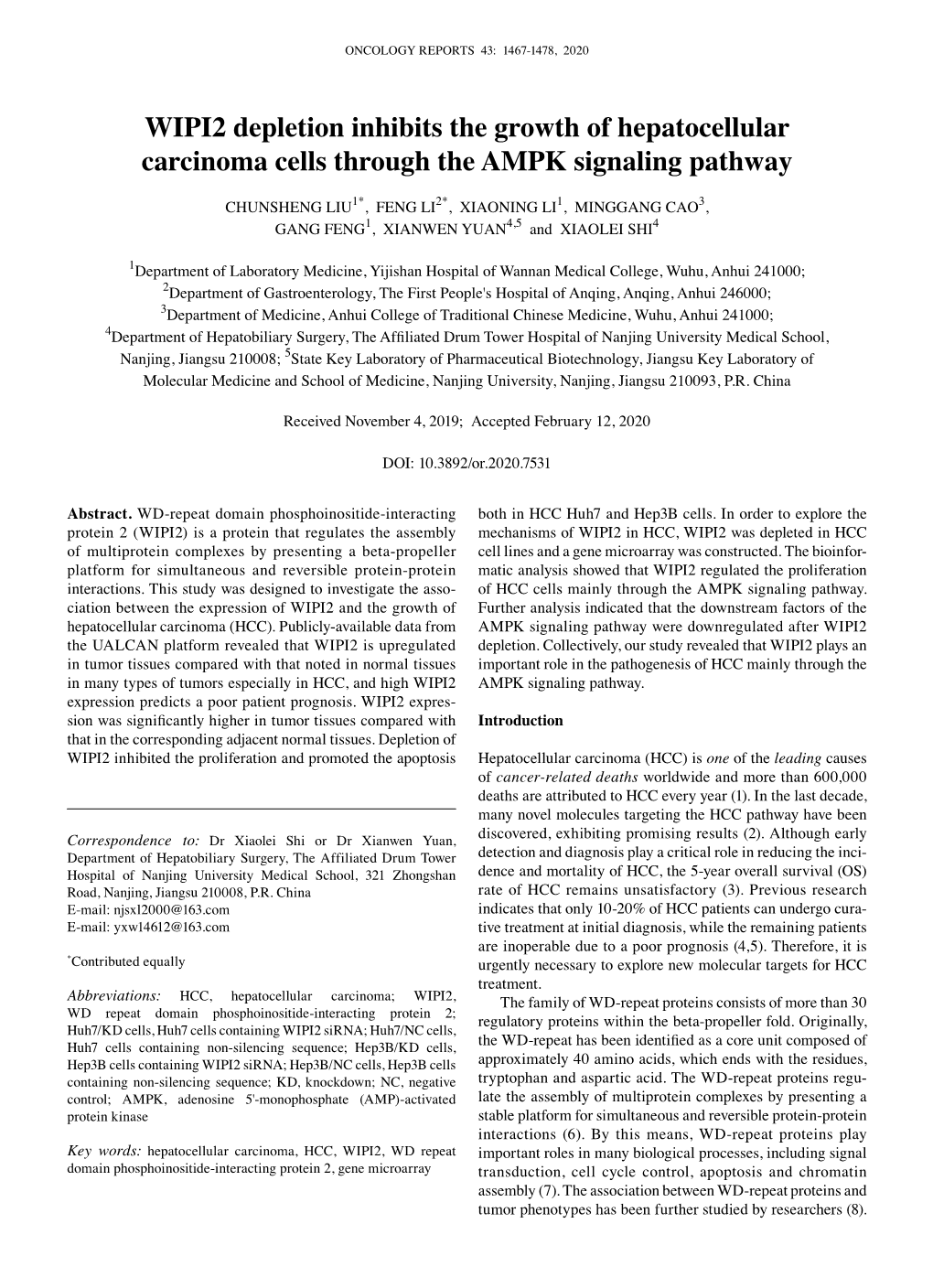 WIPI2 Depletion Inhibits the Growth of Hepatocellular Carcinoma Cells Through the AMPK Signaling Pathway