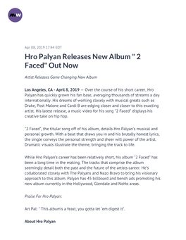 Hro Palyan Releases New Album " 2 Faced" out Now