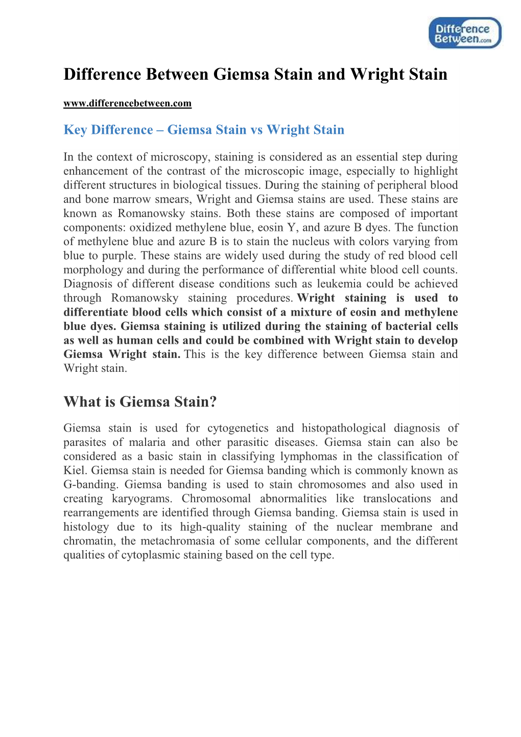 Difference Between Giemsa Stain and Wright Stain