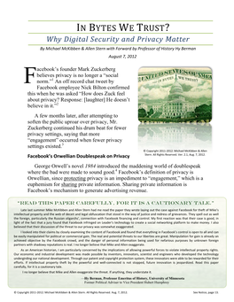 IN BYTES WE TRUST? Why Digital Security and Privacy Matter by Michael Mckibben & Allen Stern with Forward by Professor of History Hy Berman August 7, 2012