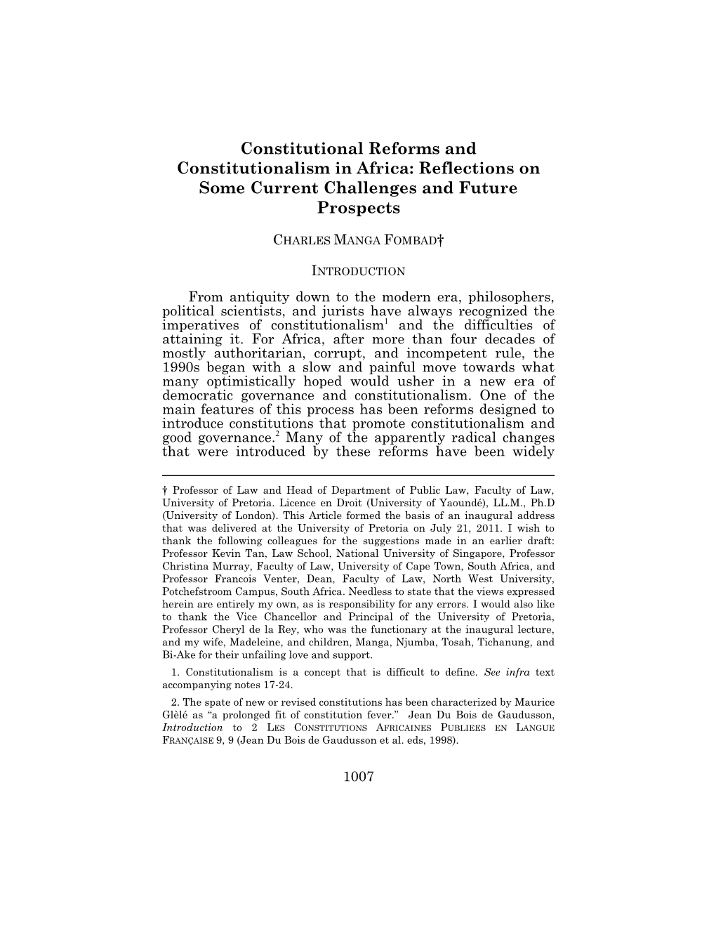 Charles Manga Fombad, Constitutional Reforms And