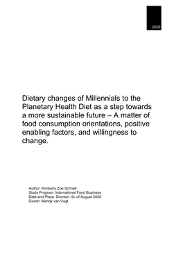 Dietary Changes of Millennials to the Planetary Health