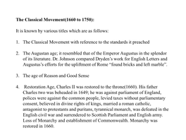 The Classical Movement(1660 to 1750): It Is Known by Various Titles