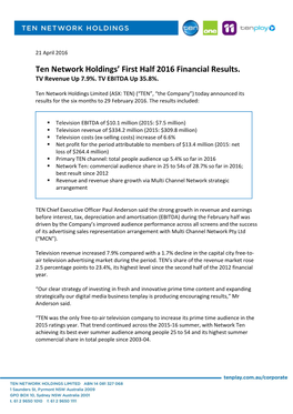 Ten Network Holdings' First Half 2016 Financial Results