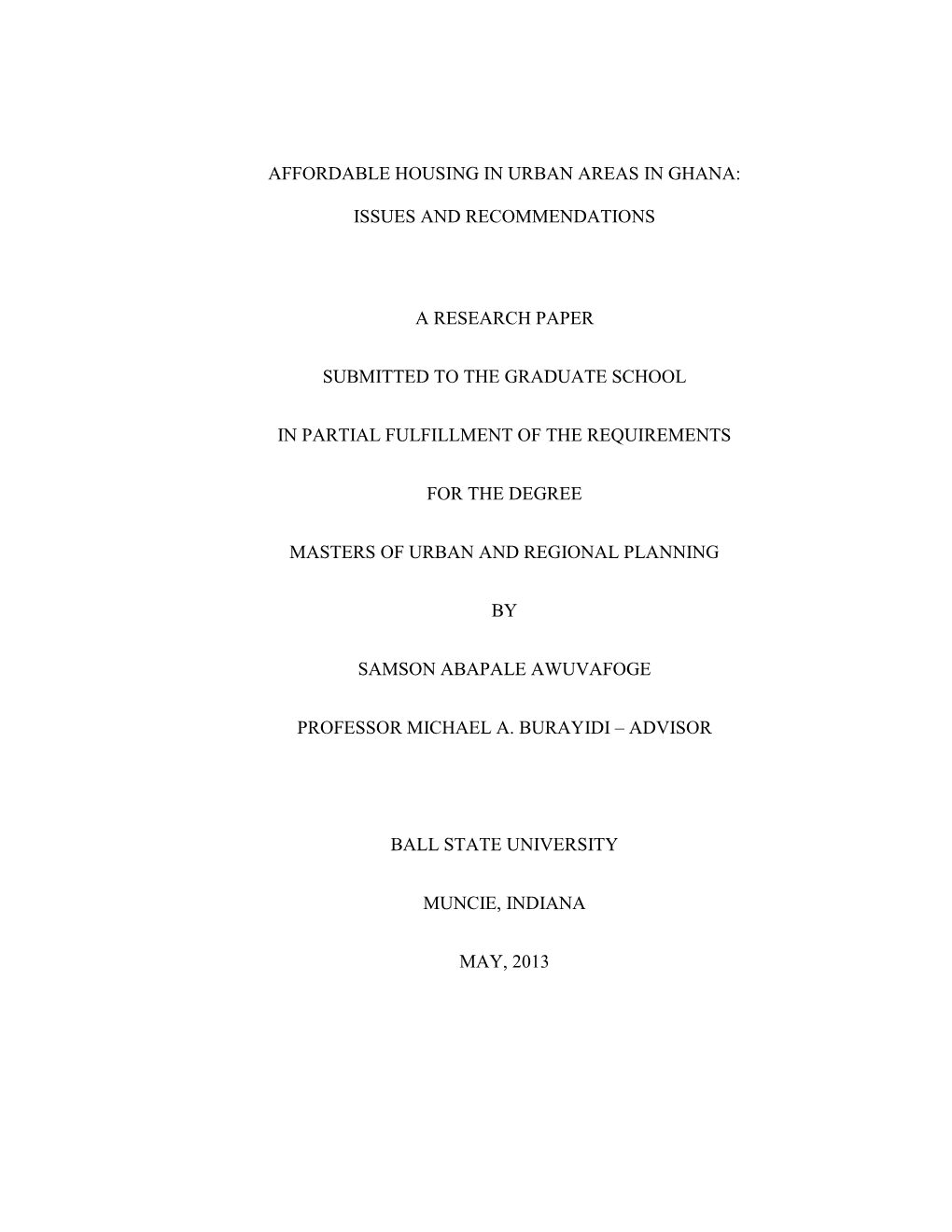 Affordable Housing in Urban Areas in Ghana: Issues And