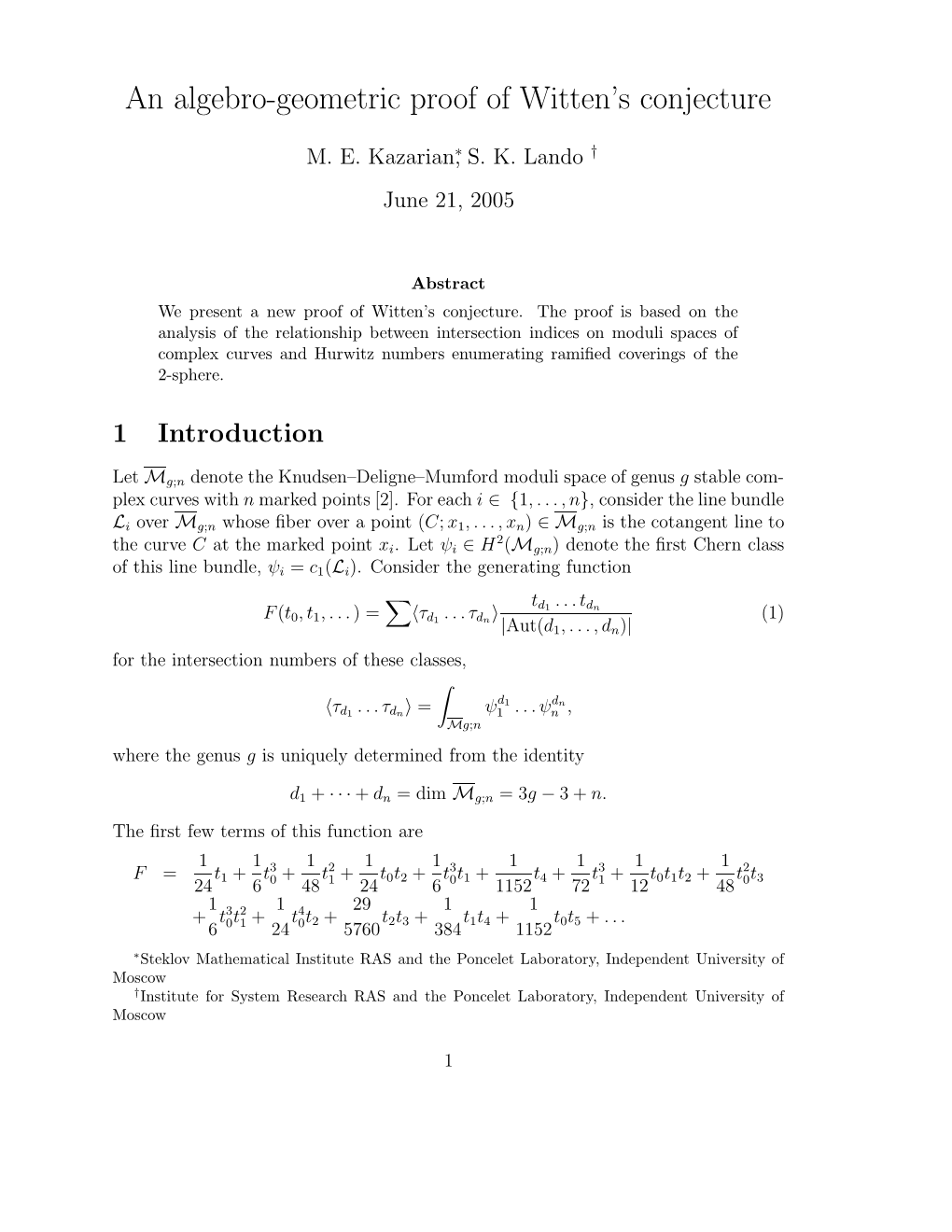 An Algebro-Geometric Proof of Witten's Conjecture