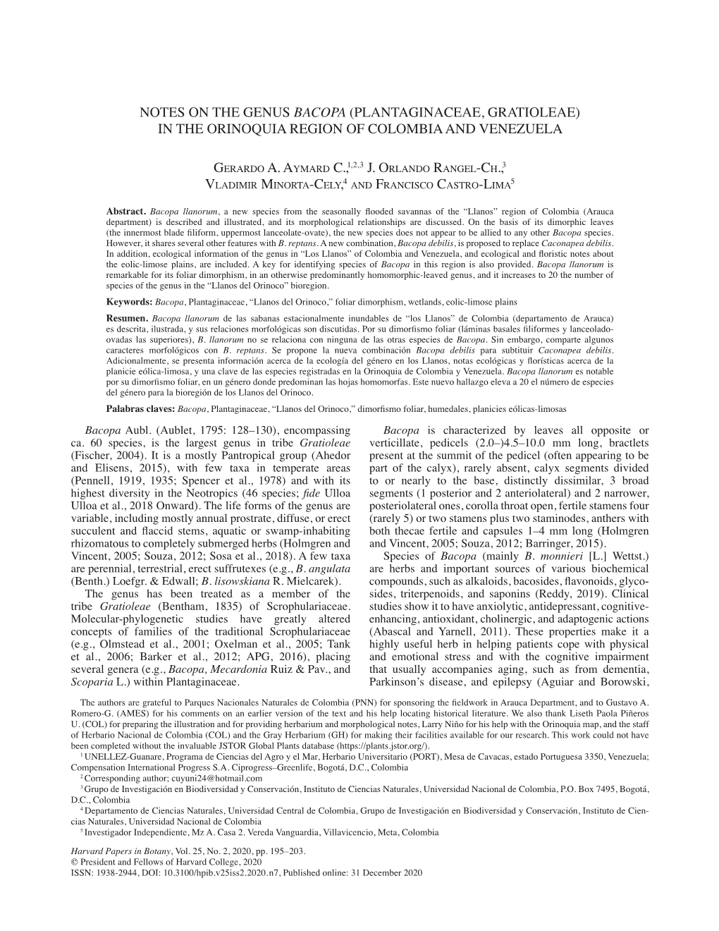 Notes on the Genus Bacopa (Plantaginaceae, Gratioleae) in the Orinoquia Region of Colombia and Venezuela