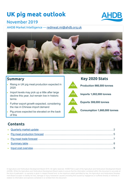 UK Pig Meat Outlook November 2019 AHDB Market Intelligence — Redmeat.Mi@Ahdb.Org.Uk