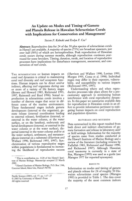 An Update on Modes and Timing of Gamete and Planula Release in Hawaiian Scleractinian Corals with Implications for Conservation and Managementl